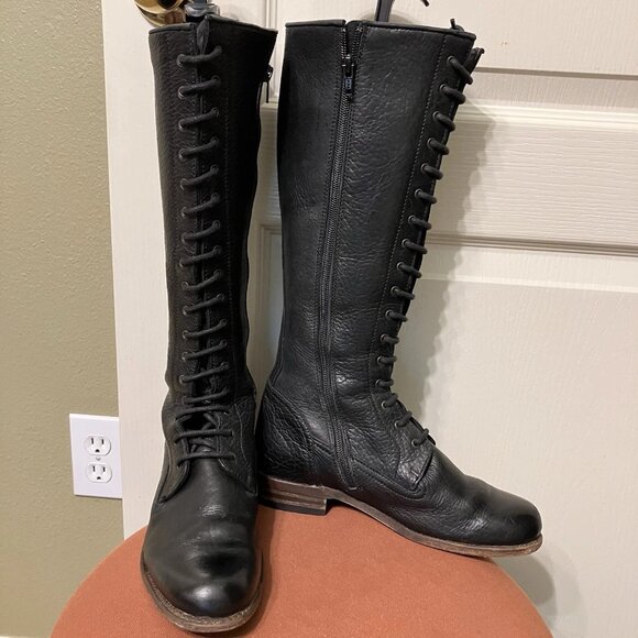 FRYE Boots TALL LACE-UP Riding BLACK Equestrian COMBAT Hipster - Sz 6 M VIENNA - Picture 1 of 16